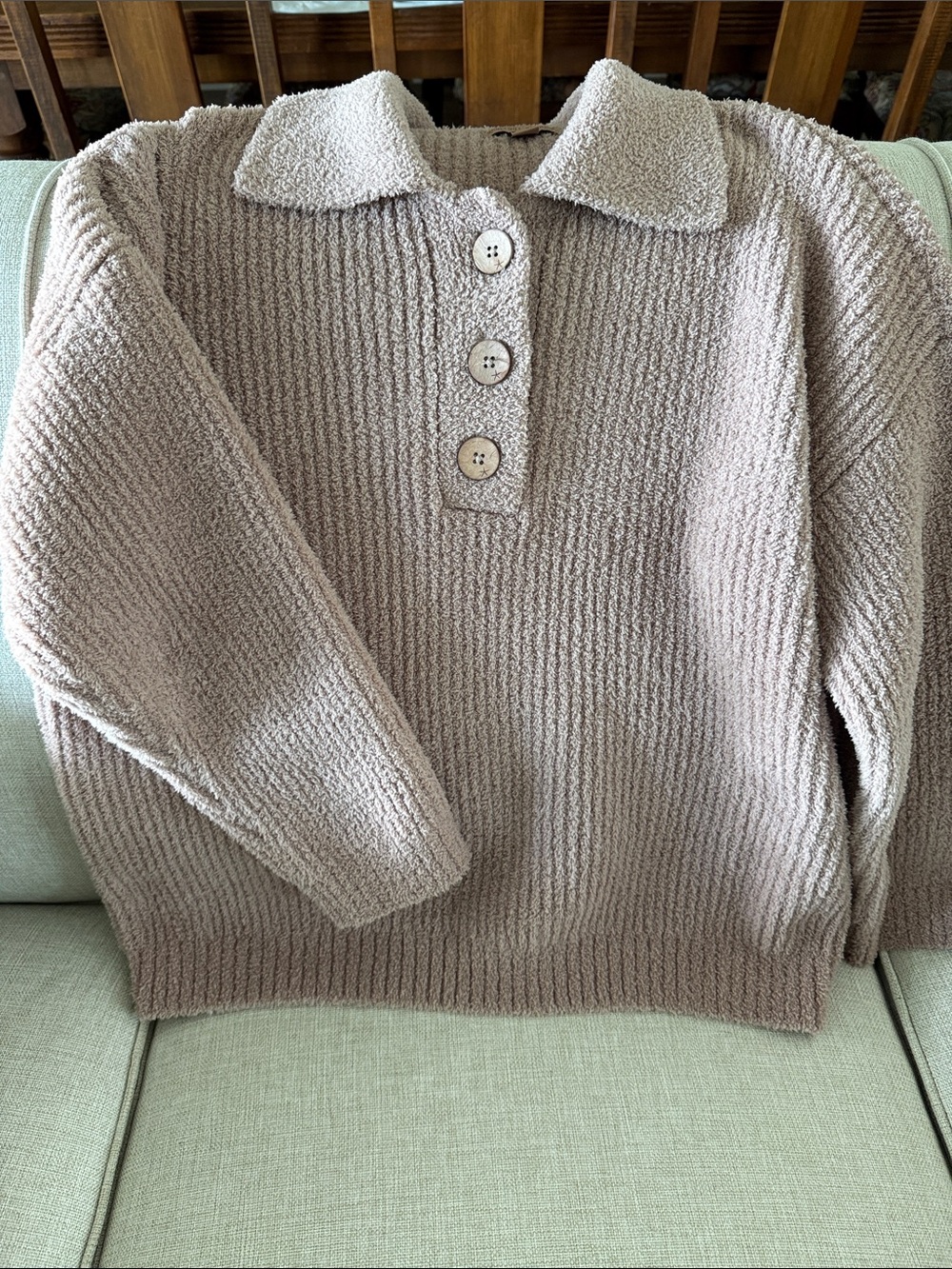 Barefoot Dreams Cozy Button-Placket Collared Sweater in Light Taupe